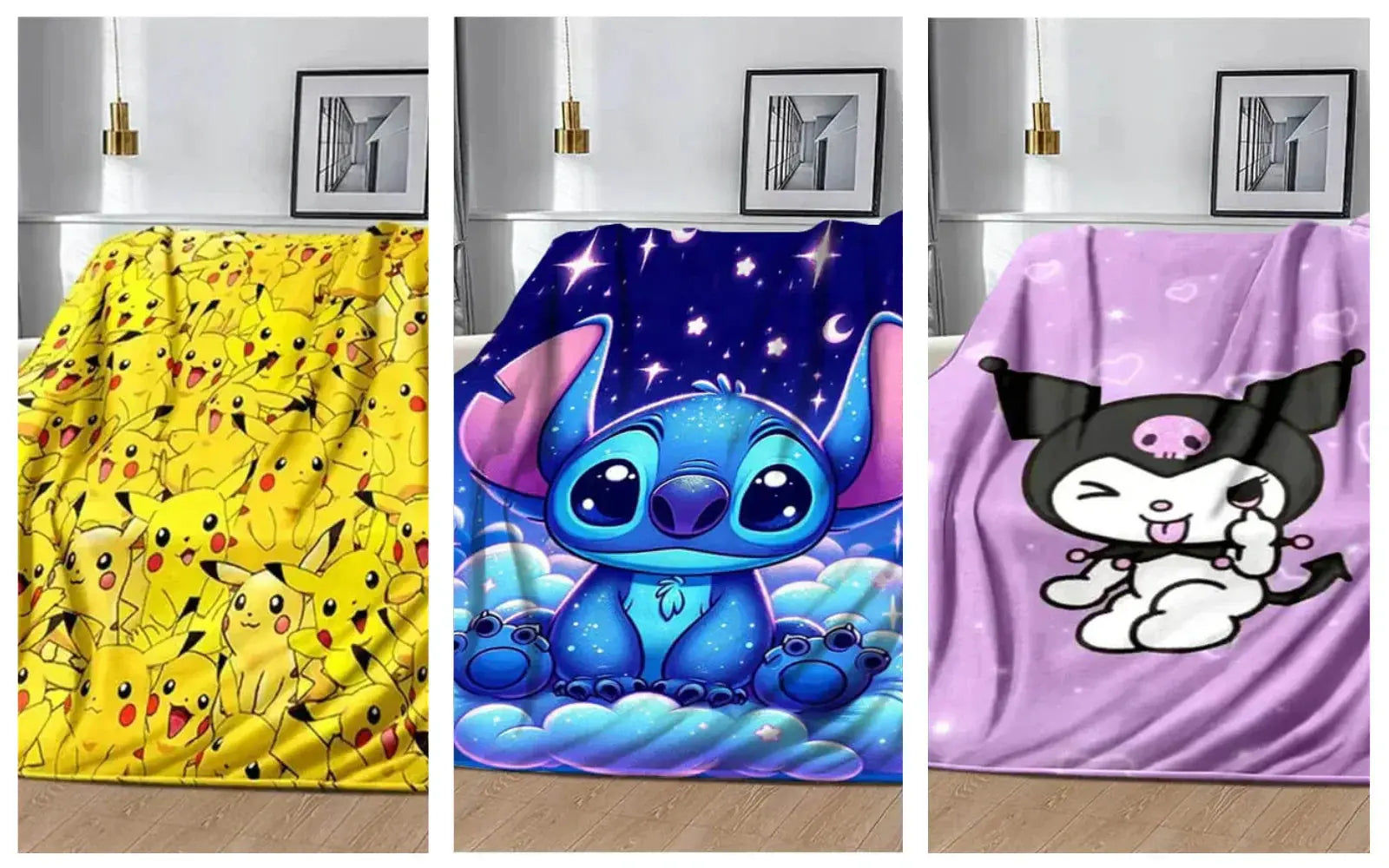 Personalized soft cartoon kids throw blankets with custom names — featuring Stitch, Bluey, Elsa, Unicorns, and Labubu in cozy flannel, fleece, and Sherpa fabrics, perfect for gifting.