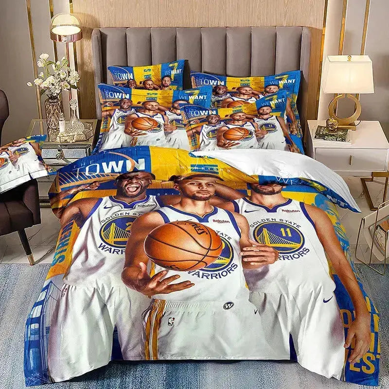 Golden State Warriors bedding set featuring Stephen Curry with matching pillowcases and duvet cover, perfect for basketball fans and NBA bedroom decor