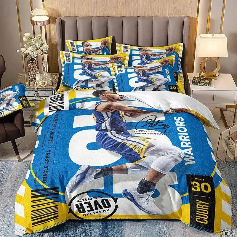 Stephen Curry doona duvet quilt bedding set featuring dynamic NBA player graphics, ultra-soft breathable fabric, and vibrant basketball-themed bedroom decor perfect for fans
