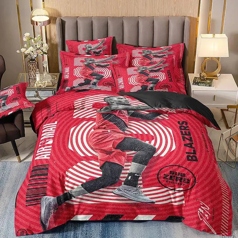 3D basketball-themed bedding set featuring dynamic Blazers player in action, with Airmail and Bub Zero Delivery slogans, including duvet cover and pillowcases perfect for fans’ bedroom decor