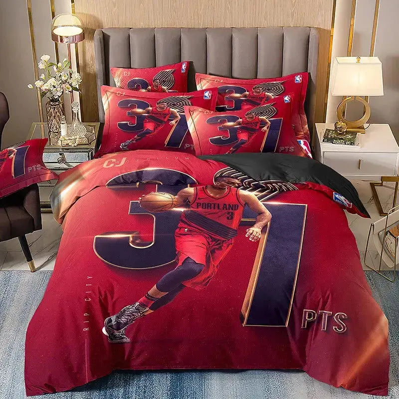 Nike Air Jordan 23 red background bedding set featuring iconic basketball sneaker design with vibrant colors, including duvet cover and pillowcases perfect for fans’ bedroom decor