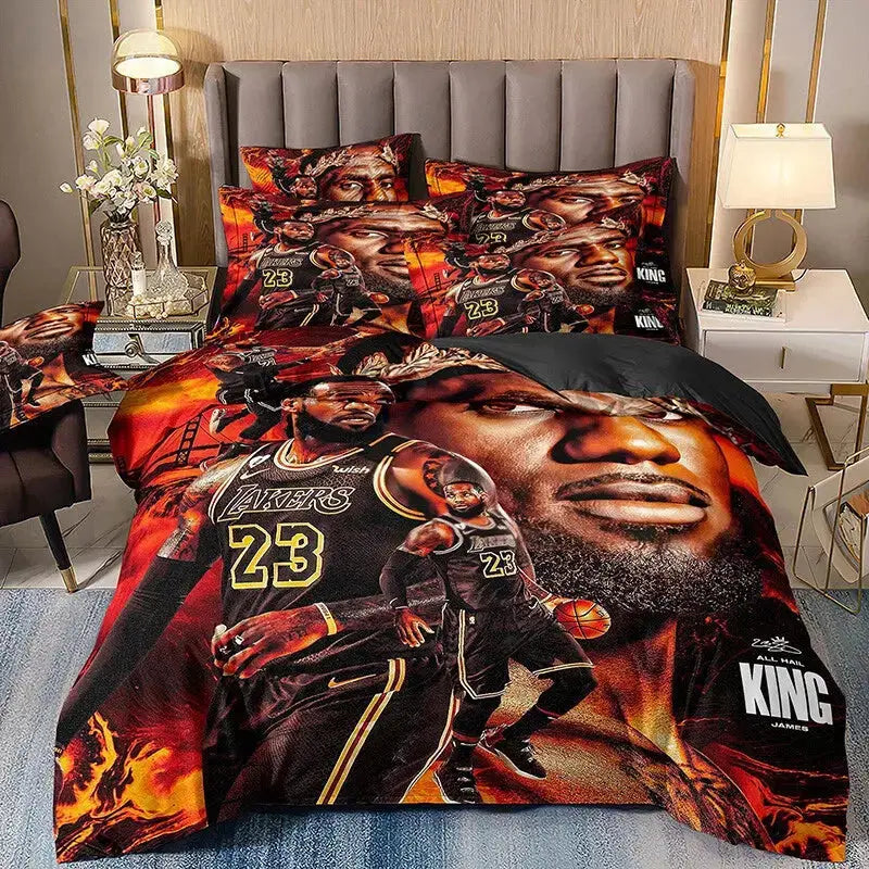 King LeBron James duvet doona quilt bedding set featuring iconic NBA player graphics, soft breathable fabric, and vibrant basketball-themed bedroom decor perfect for fans