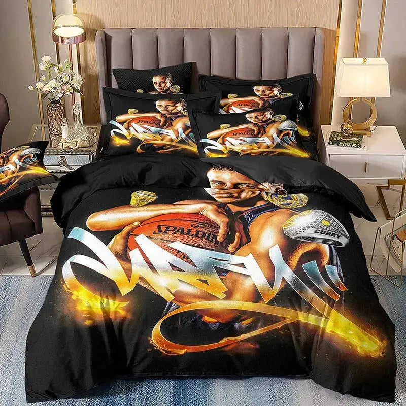 Stephen Curry duvet doona quilt bedding set featuring dynamic NBA player graphics, ultra-soft breathable fabric, and vibrant basketball-themed bedroom decor perfect for fans