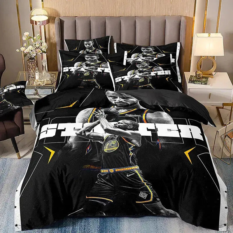 Stephen Curry themed bedding set featuring vibrant images of NBA basketball player Stephen Curry, including duvet cover and pillowcases, perfect for fans’ bedroom decor