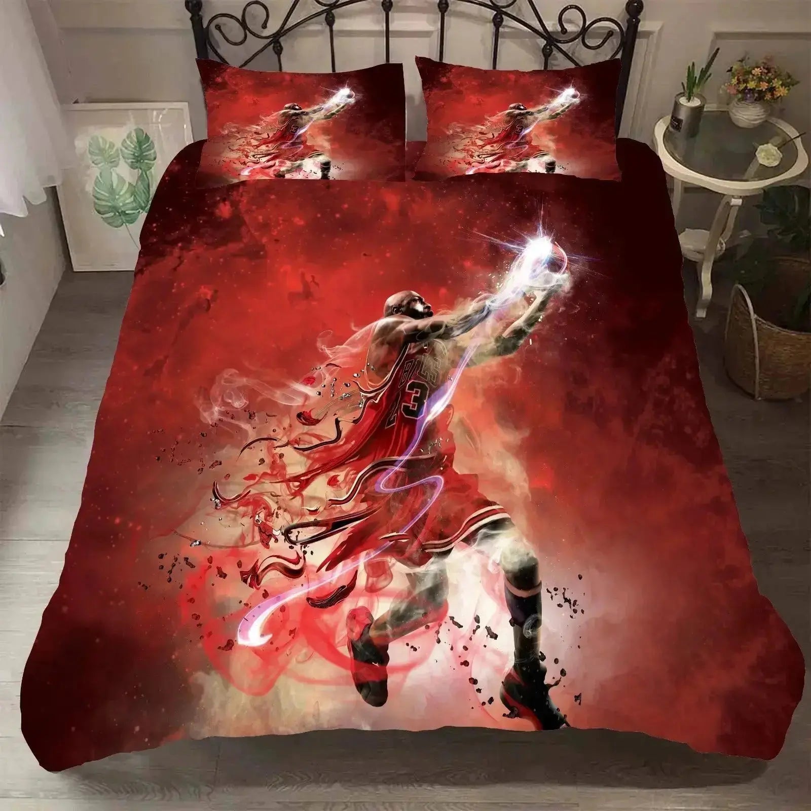 Bedding set featuring Michael Jordan design displayed on a neatly made bed in a stylish bedroom setting, perfect for basketball fans and NBA lovers