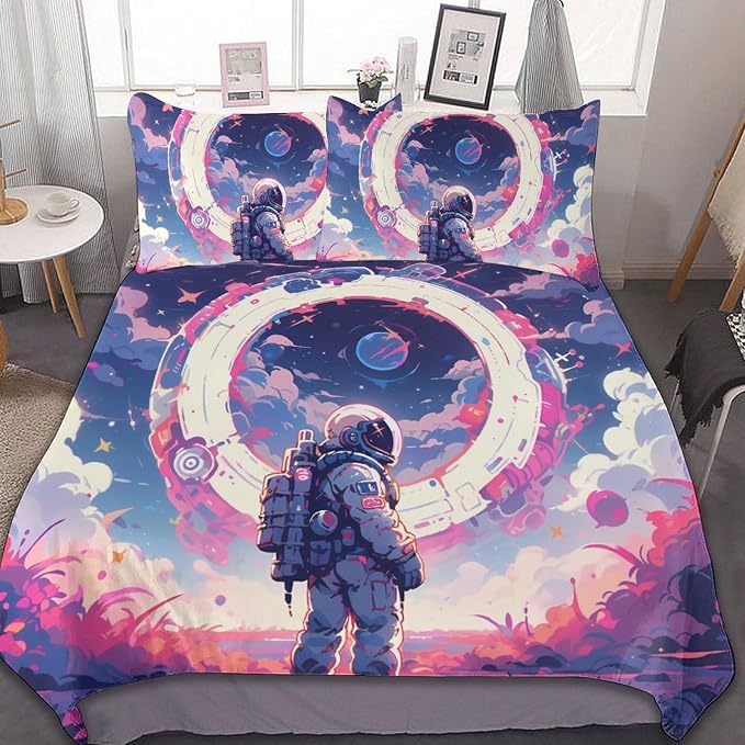 3D Galaxy Astronaut Duvet Cover Set with colorful planet bedding