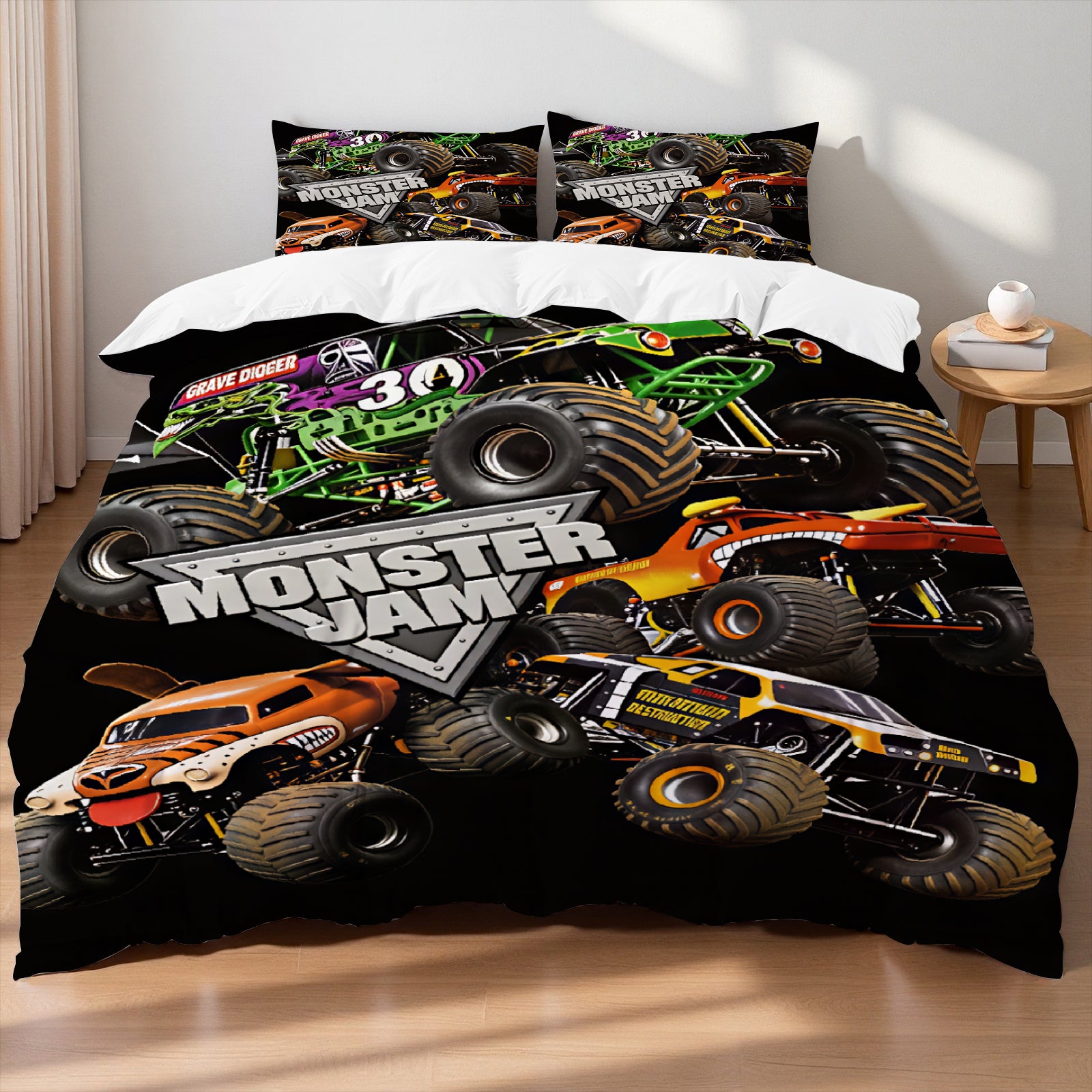 3D monster truck doona cover set with Grave Digger and Megalodon design