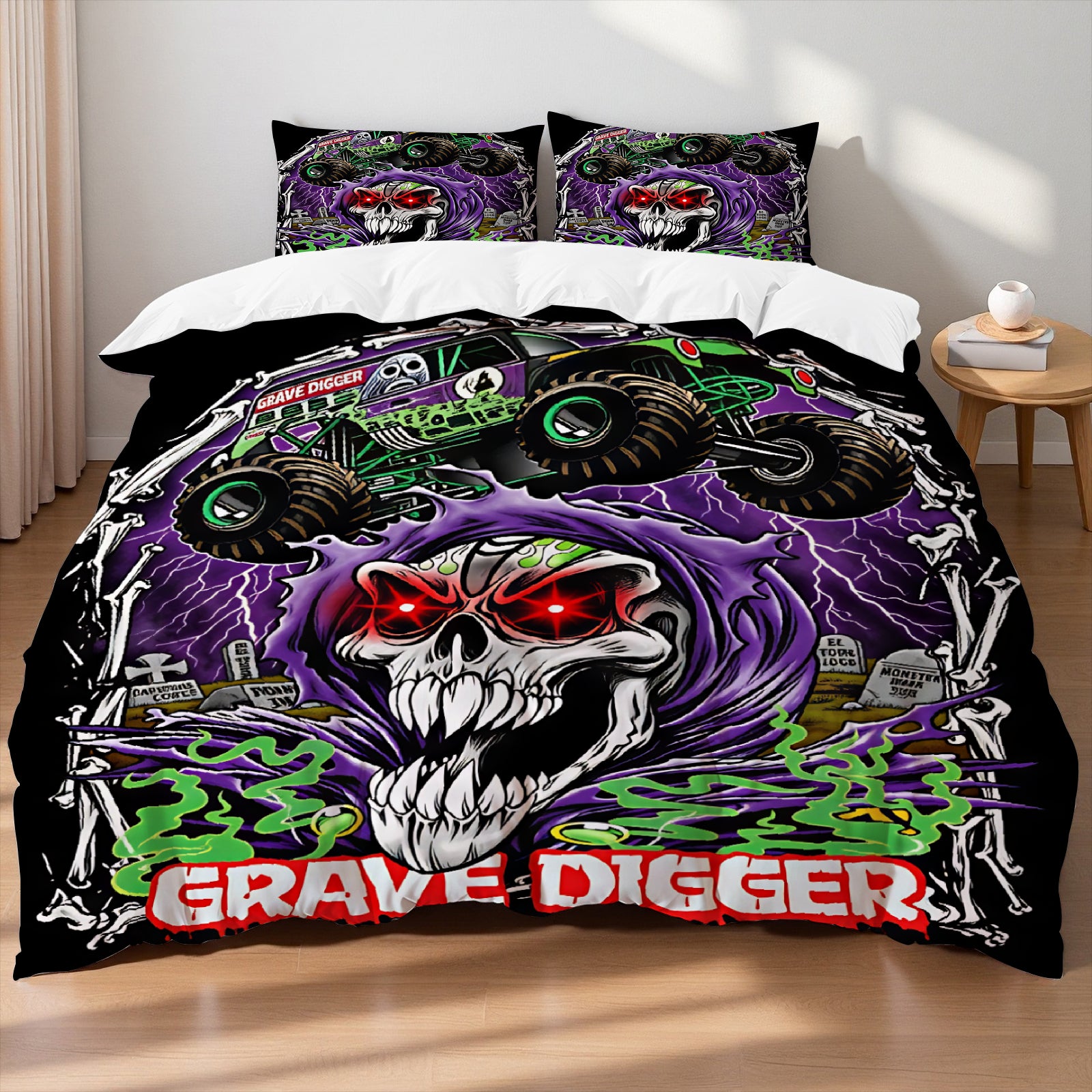 Monster truck doona cover featuring Grave Digger and Megalodon