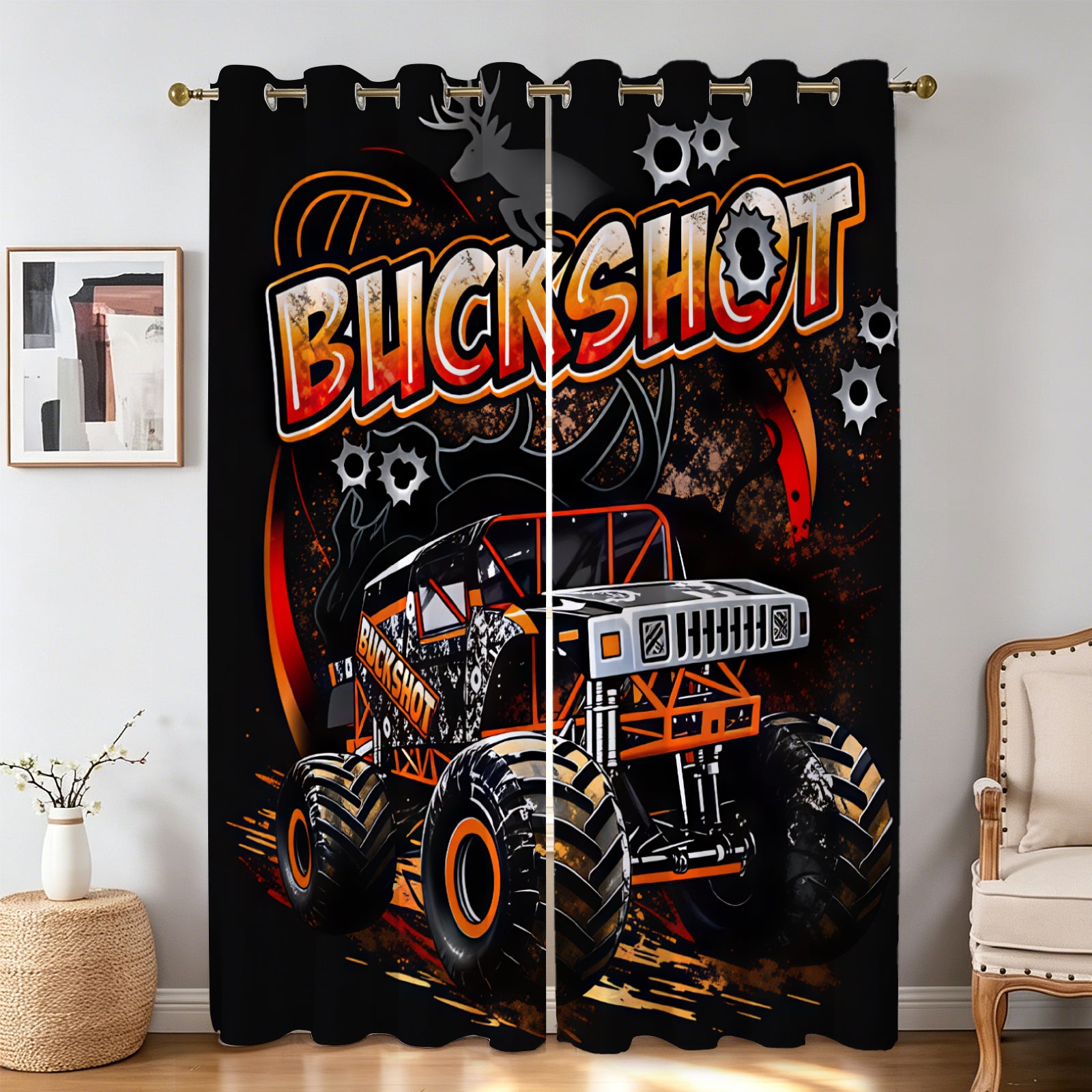 3D Buckshot monster truck curtains for kids playroom windows