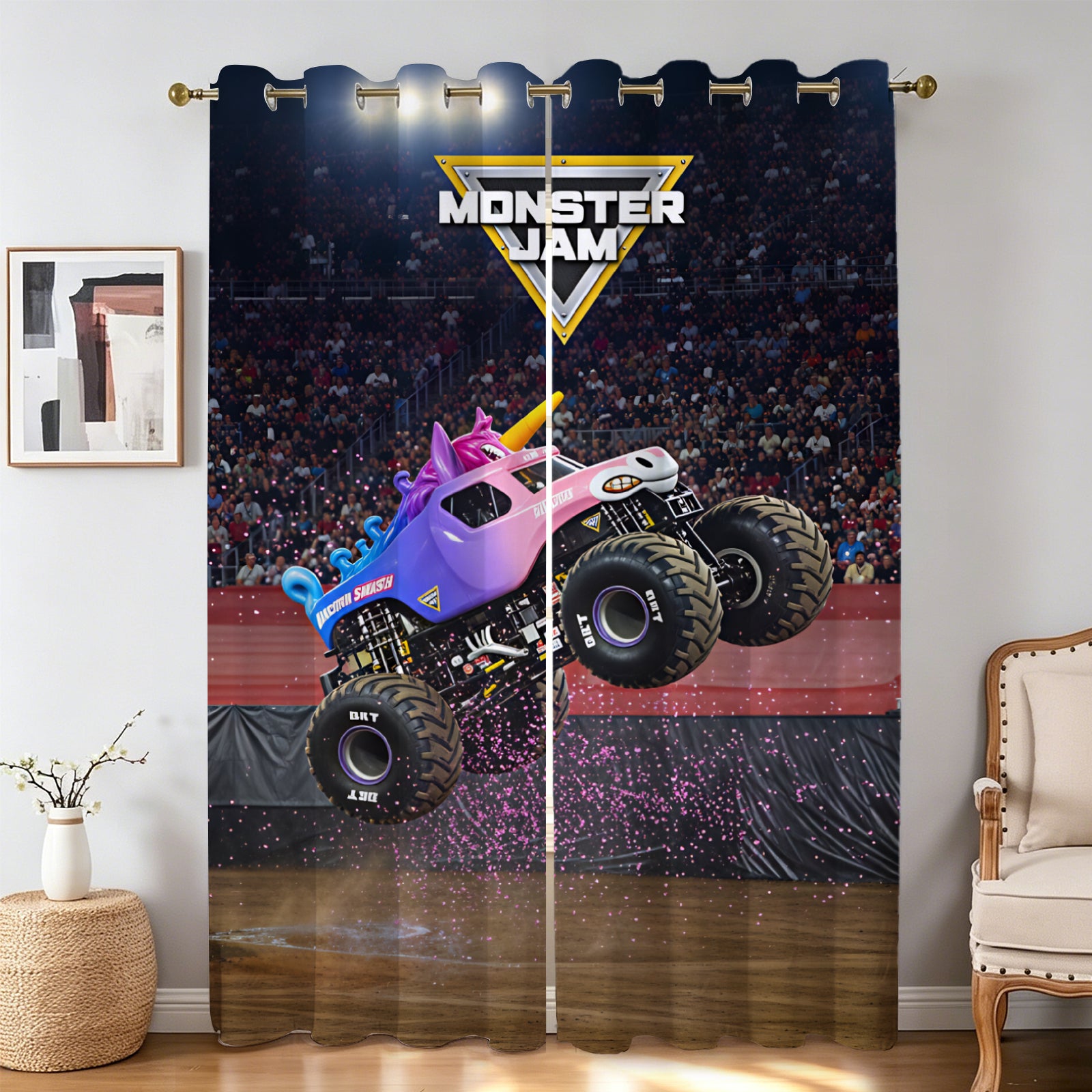 Grave Digger and Megalodon curtains for truck fan gifts