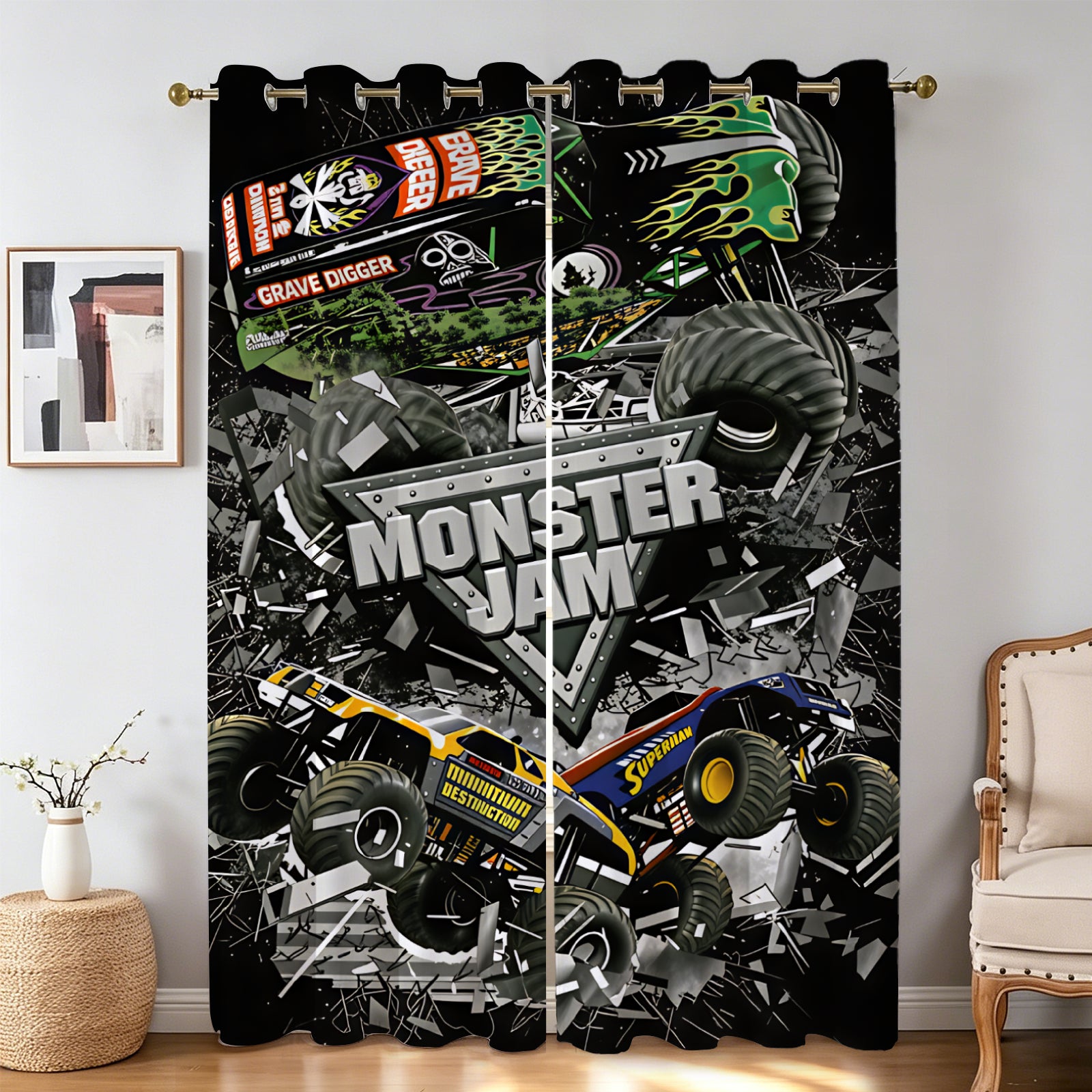 Grave Digger monster truck curtains for kids bedroom windows