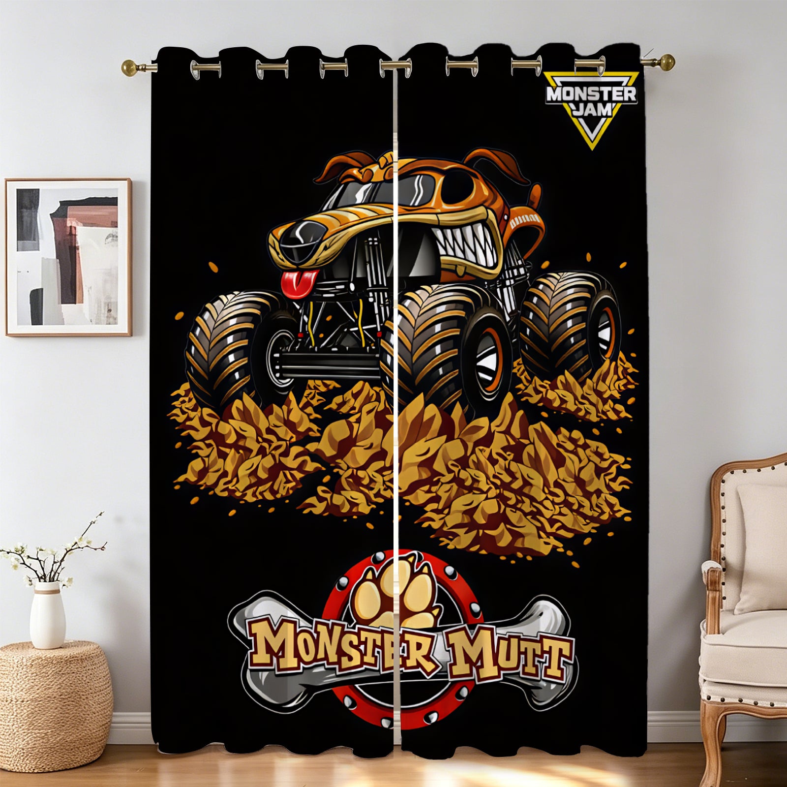 Monster truck themed curtains for boys bedroom decor