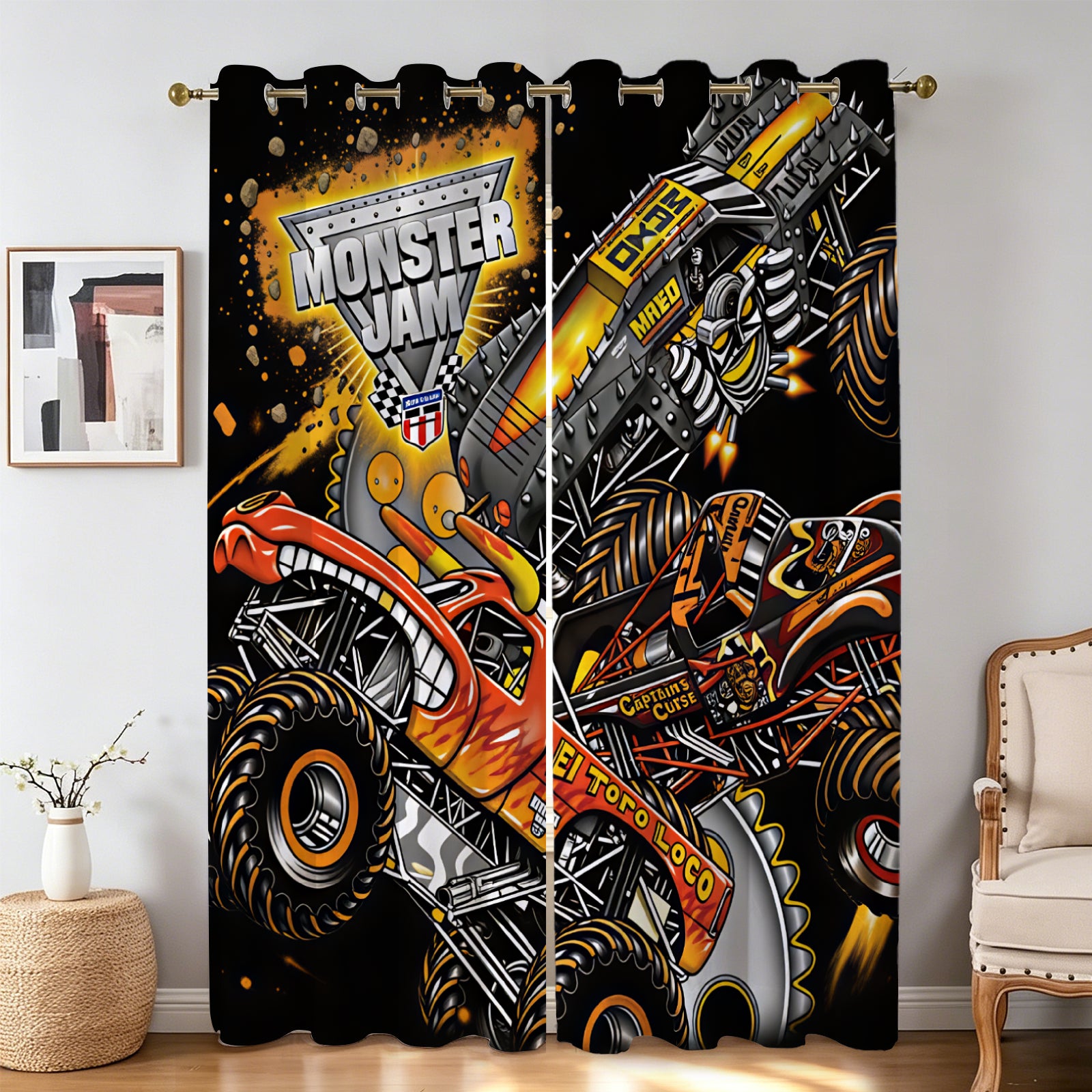 3D monster truck drapes with bold racing-inspired graphics