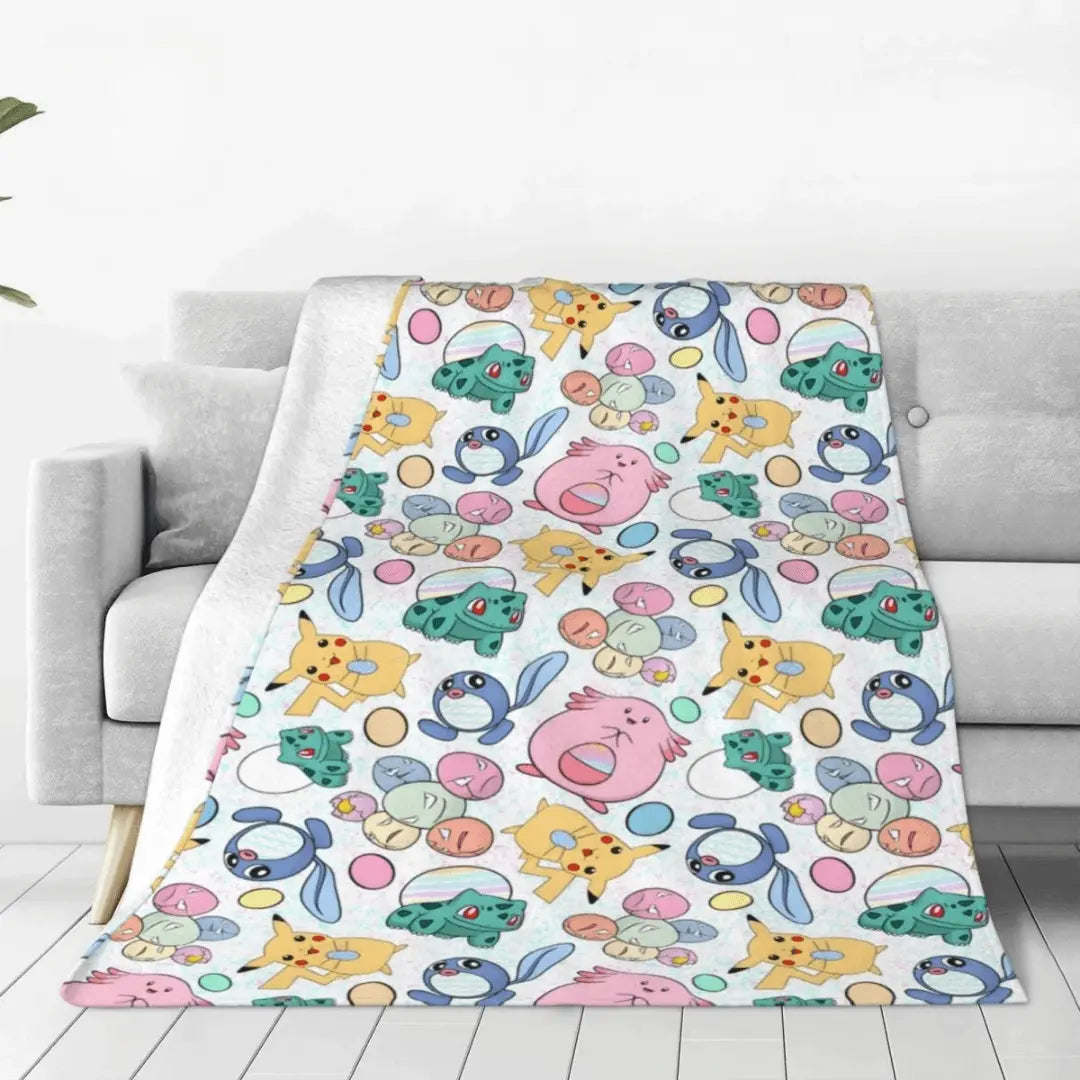 3D Pokemon Pikachu Chansey & Poliwag Anime Cartoon Kids Flannel Throw Blanket