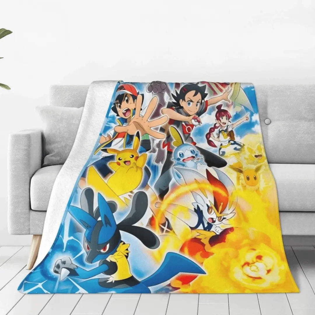 3D Pokemon Pikachu Lucario & Cinderace Anime Cartoon Kids Throw Blanket