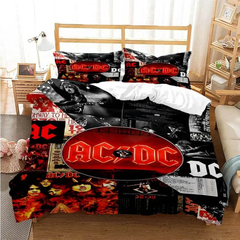 Music fan bedroom décor with AC/DC bedding