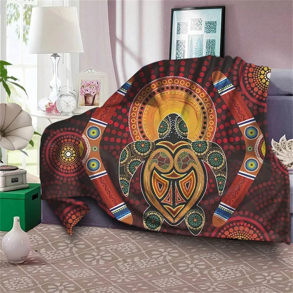 Soft flannel Aboriginal blanket with cultural turtle pattern