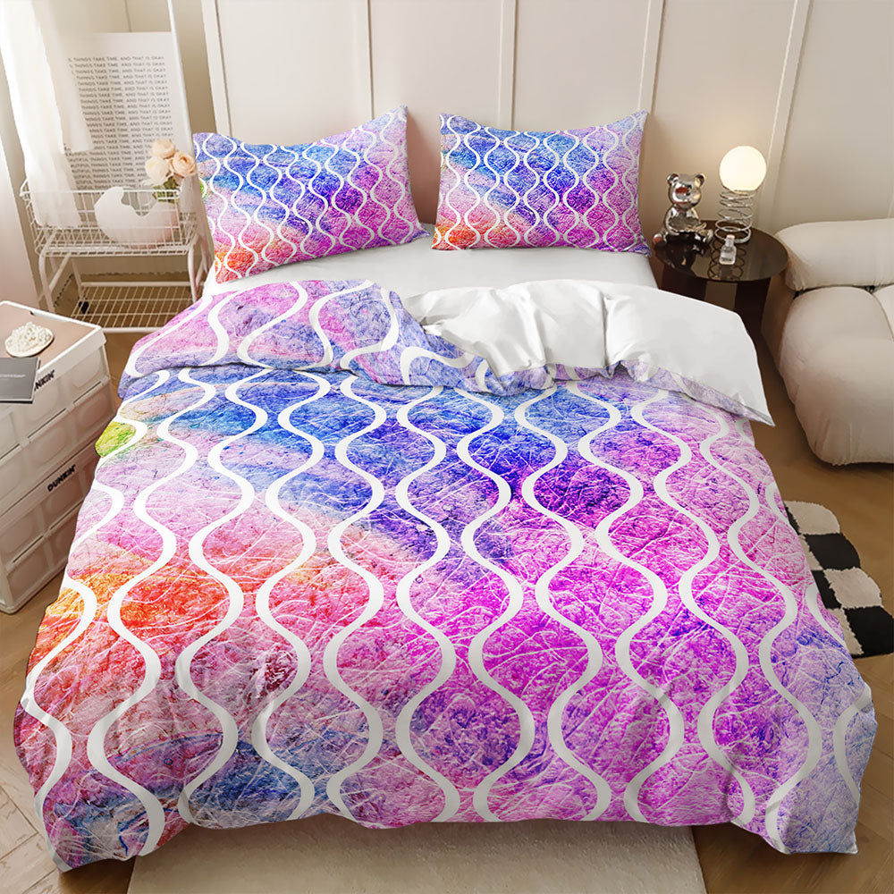 white wavy geometric trellis pattern Pastel rainbow printed quilt cover with marble-inspired artwork