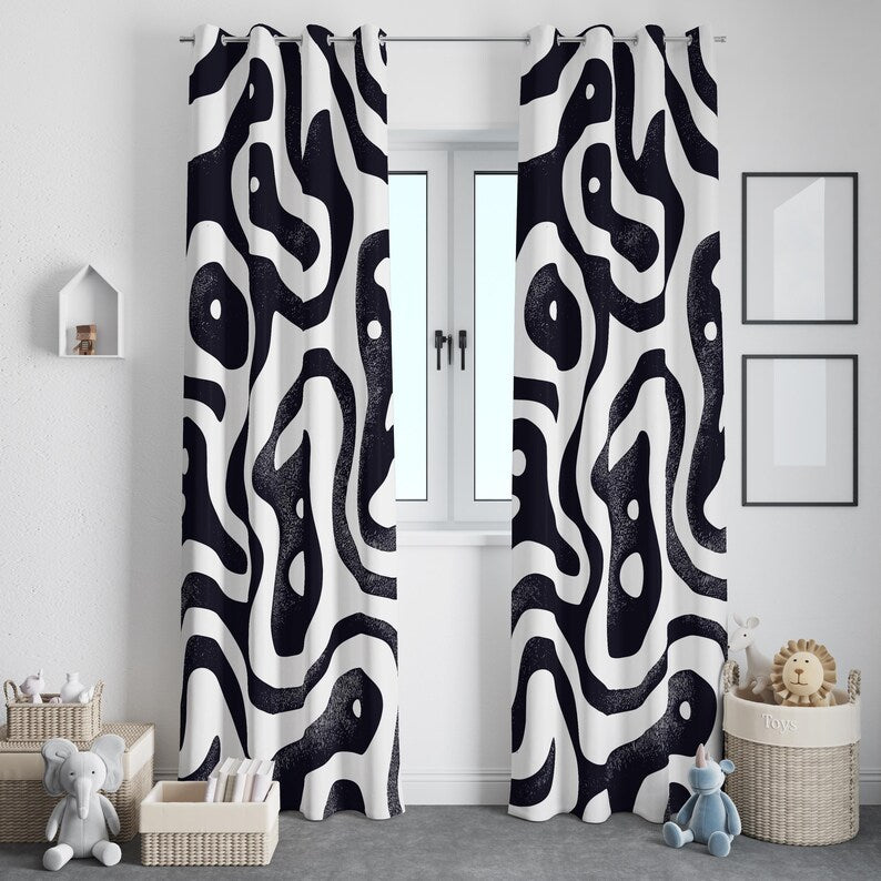 Abstract Wavy Pattern Curtains: Black and White Fluid Art