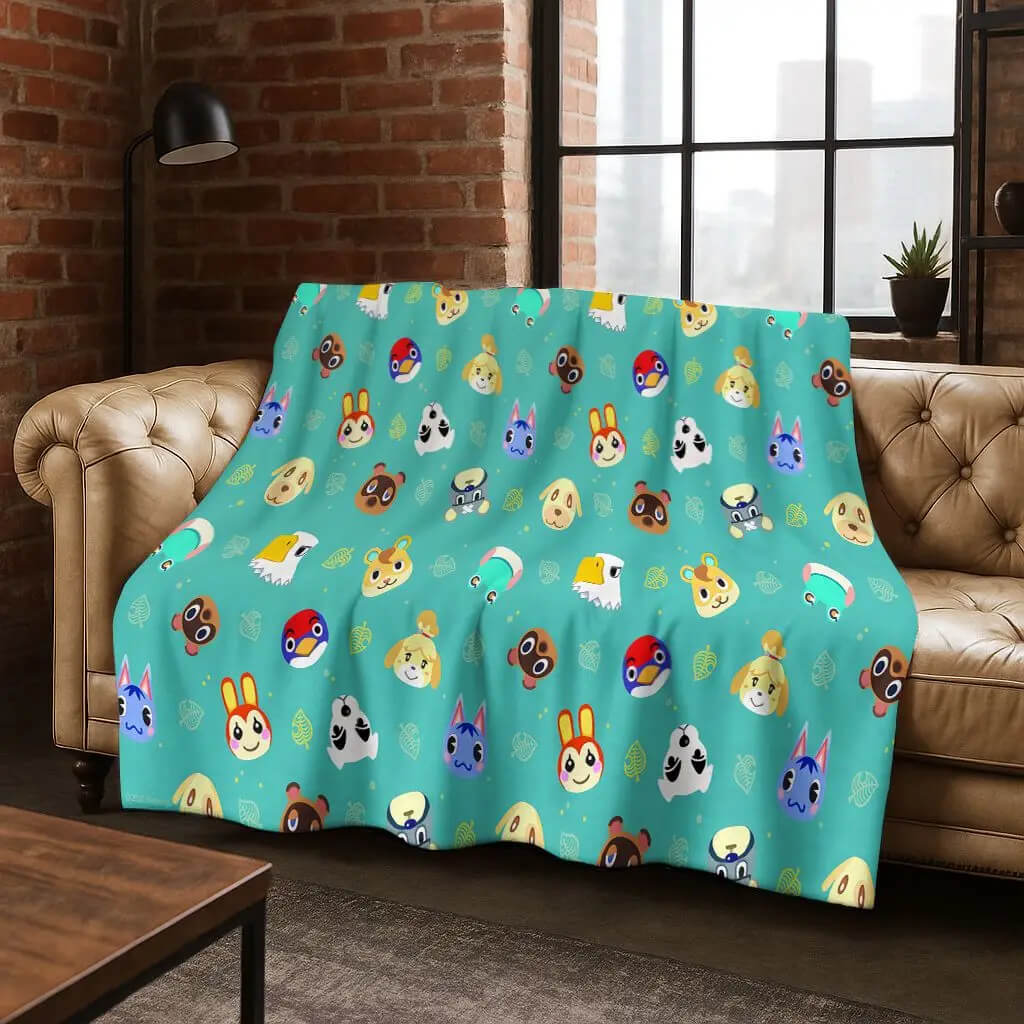 Cozy gaming blanket with Animal Crossing design