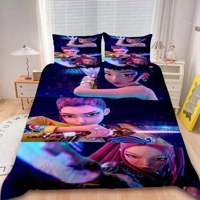 K-pop anime bedding set with decorative pillows