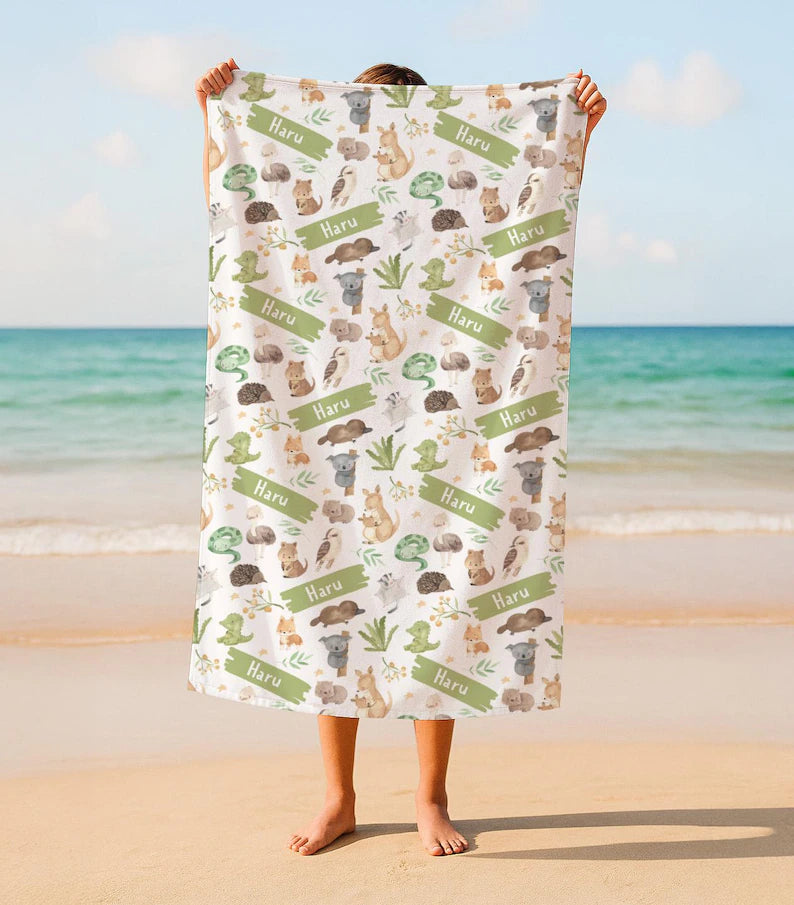 Aussie Animals Kids Towel – Personalised Name Beach Towel – Custom Pool, Beach or Picnic Towel – Unique Aussie Gift for Boys & Girls