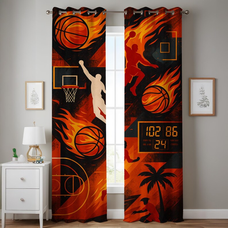 Basketball Curtain for Boys Room - Slam Dunk Theme Blackout Panel