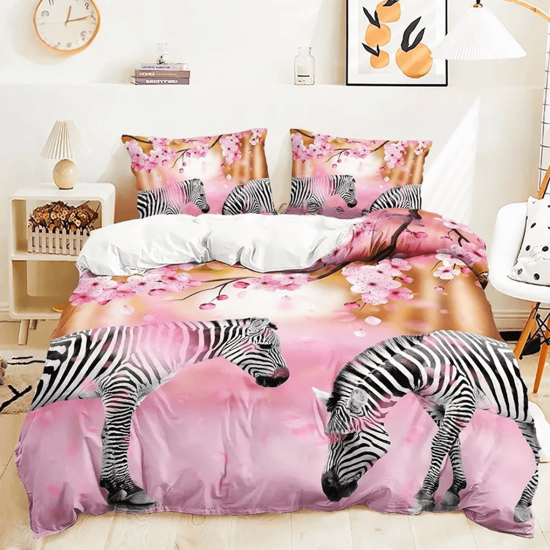 Artistic zebra horse cherry blossom bed linen