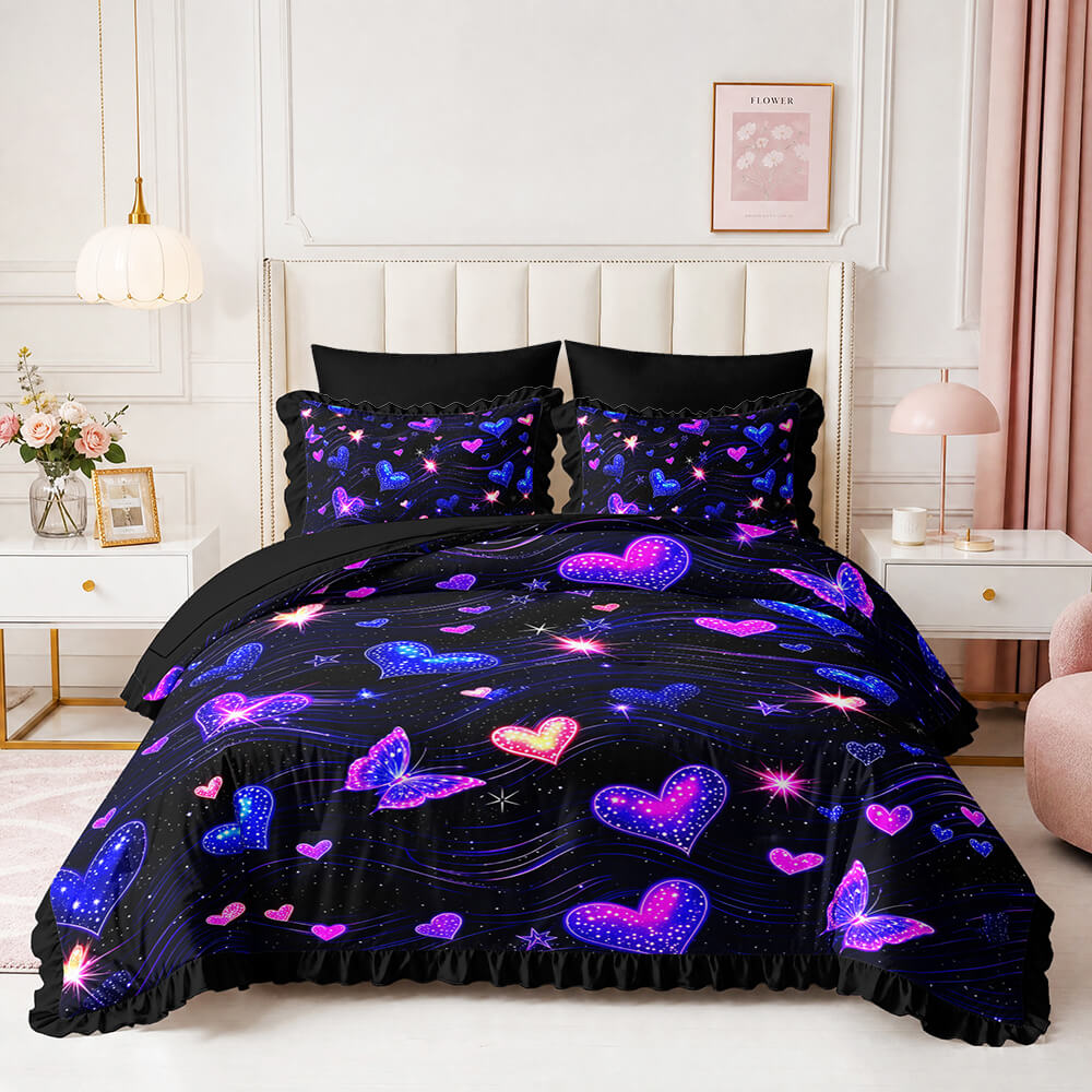 Black galaxy star glitter heart butterfly bedding set