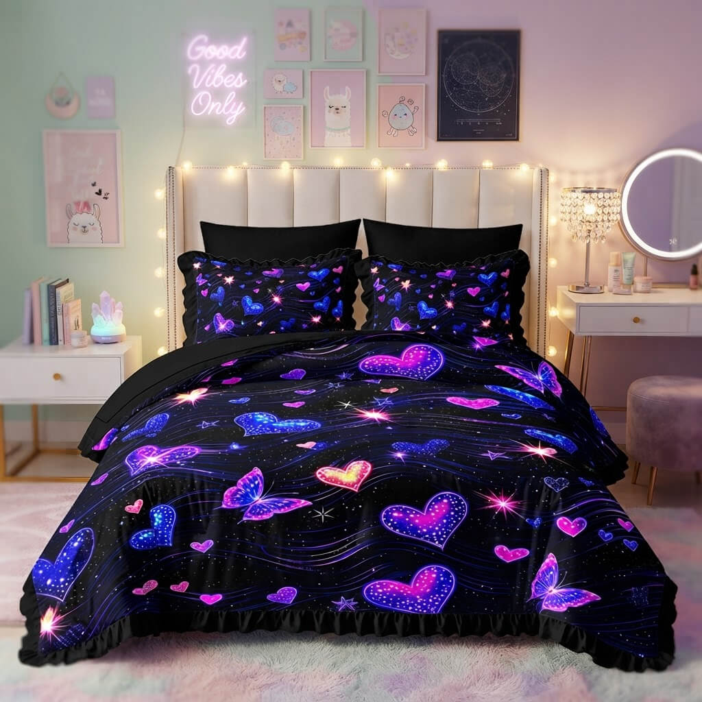 Black starry galaxy bedding with butterfly and heart details