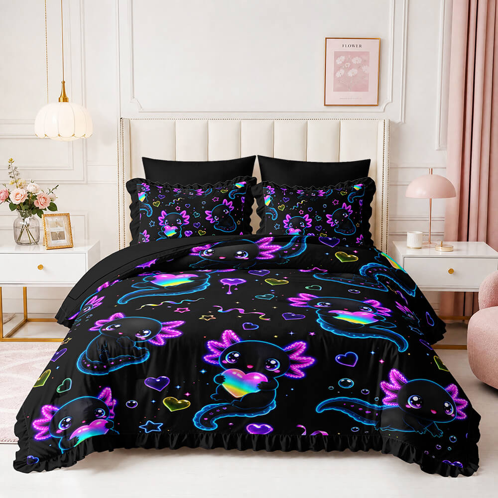 A black bedding set with a colorful neon-style axolotl and heart pattern, styled on a bed in a bright, modern bedroom.