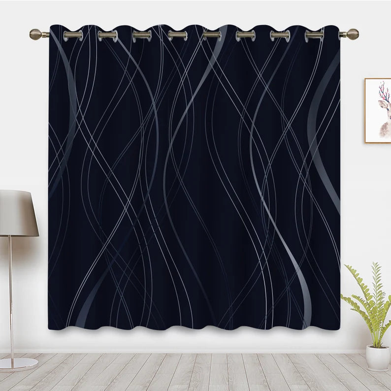 Black Window Curtains with Geometric Silver Line Pattern Design Blackout Curtains Drapes Room Darkening Thermal Insulated Window Treatments