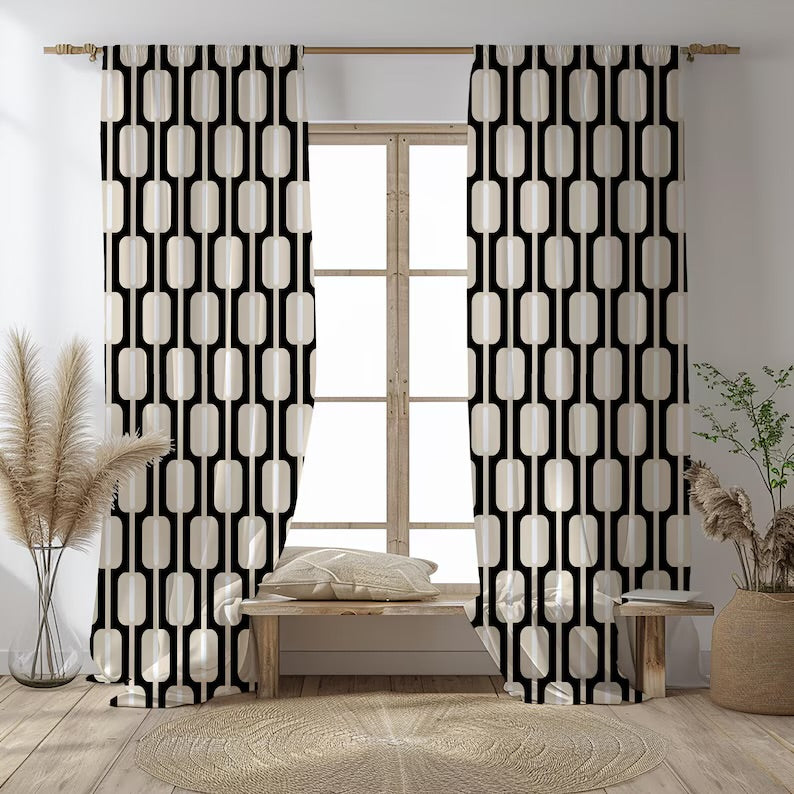 Black and Beige Retro Curtain, Mid Century Window Drapes, Geometric Panel Curtains, Boho Chic Decor Panels, Modern Art Deco Curtain Panels