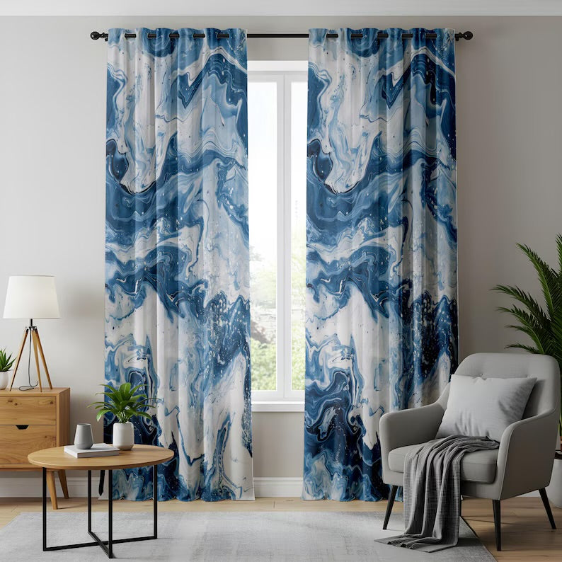 Blue Marble Abstract Living Room Curtains, Ocean Swirl Pattern Drapes, Fluid Art Inspired Window Panels, digo and White Liquid Design