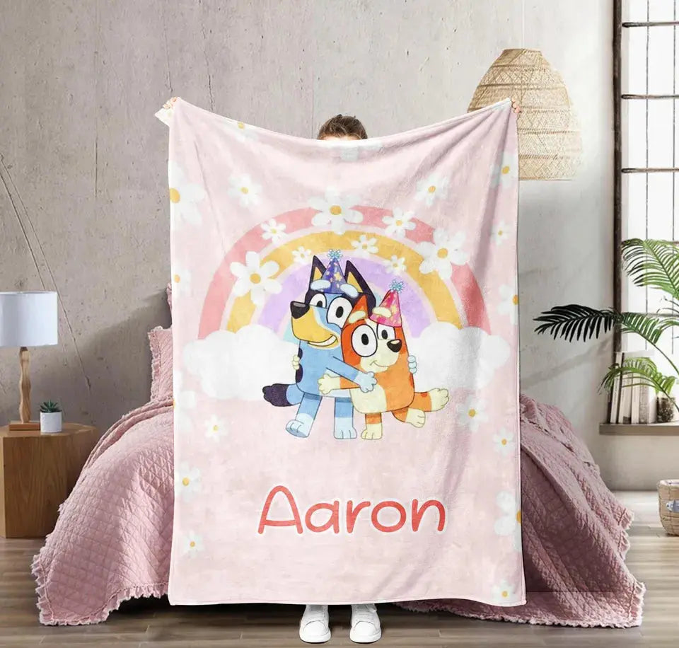 Bluey dog personalized name blanket with flower print – soft flannel throw for kids and sofa use