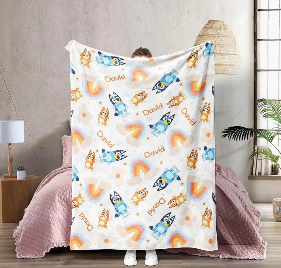 Bluey name print throw blanket with flower accents – custom flannel blanket for sofa or bed