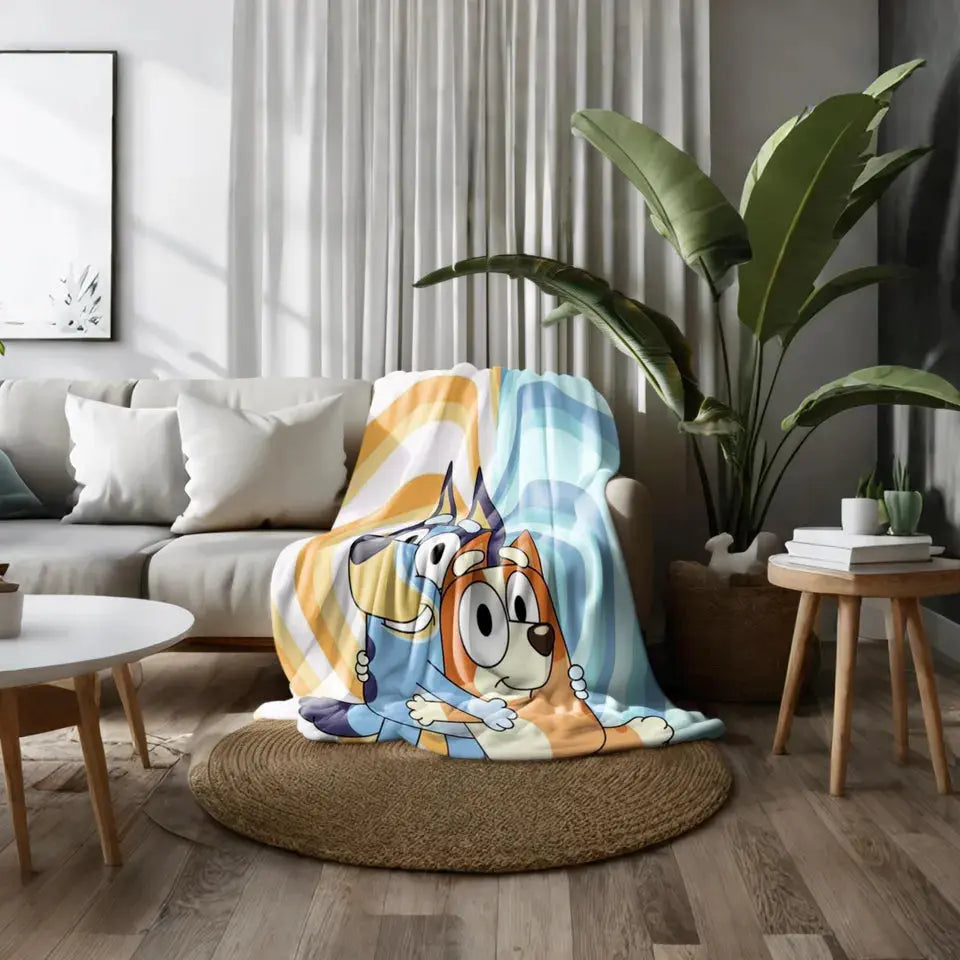 Customized Bluey flannel throw blanket with name – perfect for kids bedroom or nap time