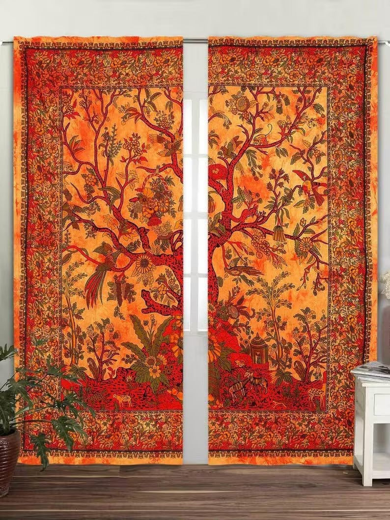 Bohemian Art Style Tree branches Window Drapes