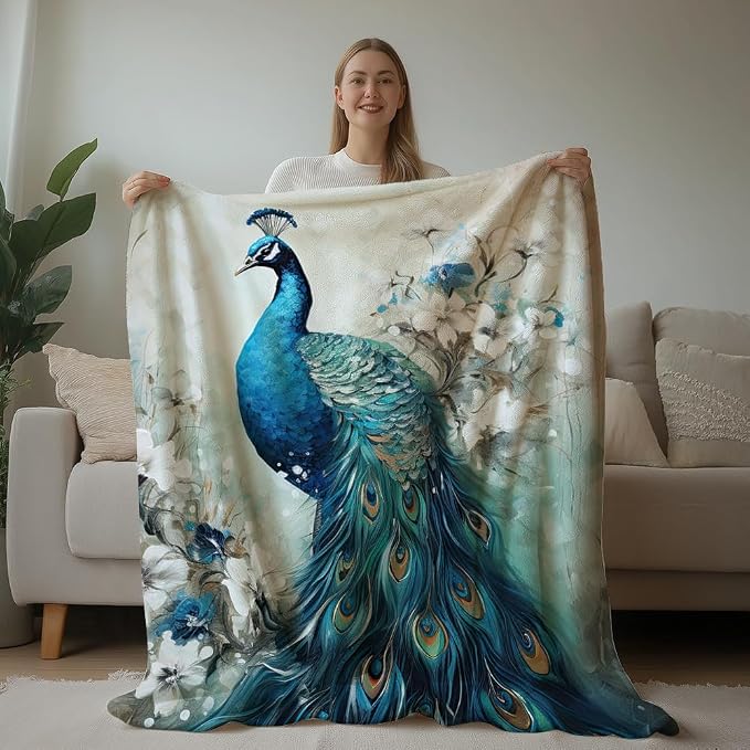 Blue peacock art blanket styled in a living room
