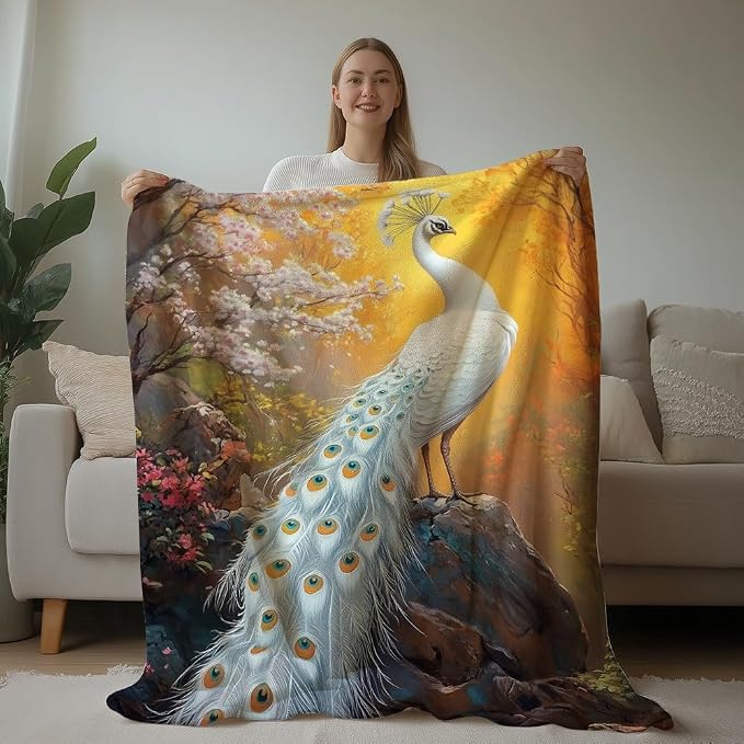 Botanical blue peacock throw blanket with vintage floral artwork