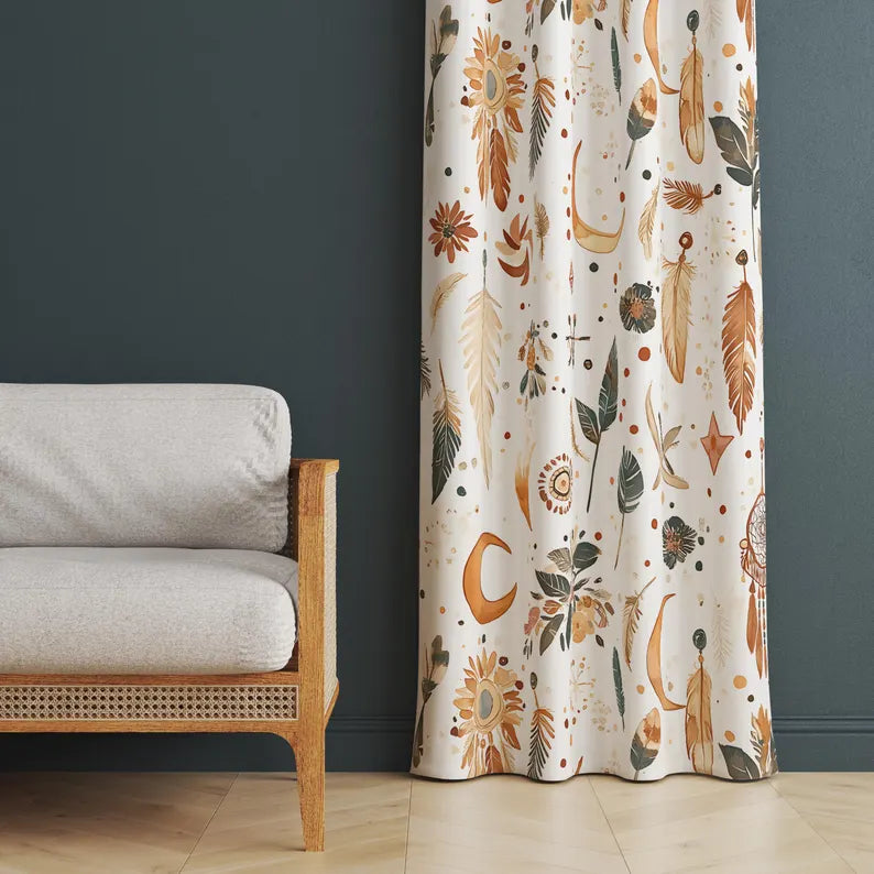 Boho Moon Feather Curtain Panel, Watercolor Floral Dreamcatcher Window Drapes, Bohemian Decorative Curtain, Eclectic Home Decor Drapery