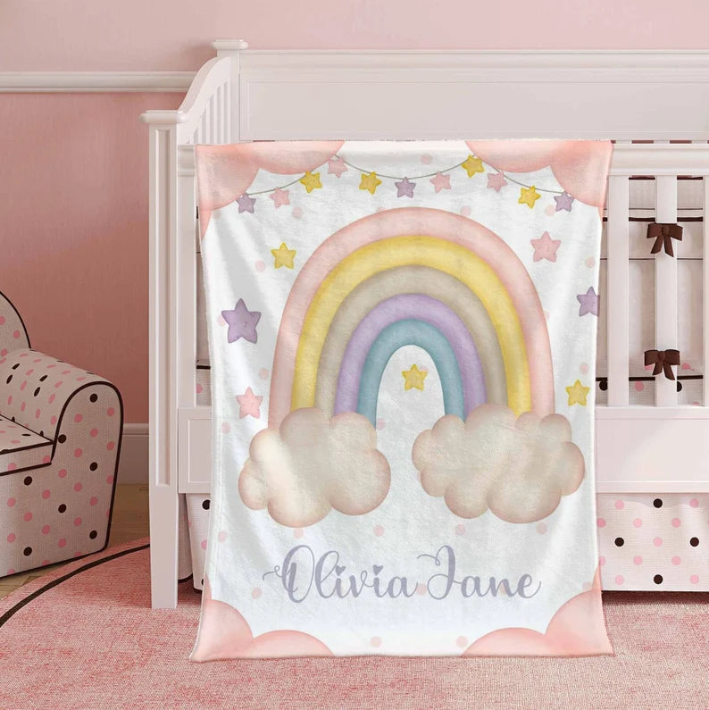 Boho Rainbow Nursery Blanket Personalized Floral Rainbow Baby Blanket Kids Custom Name Blanket Baby Shower Gift Winter Throw Blanket Gift