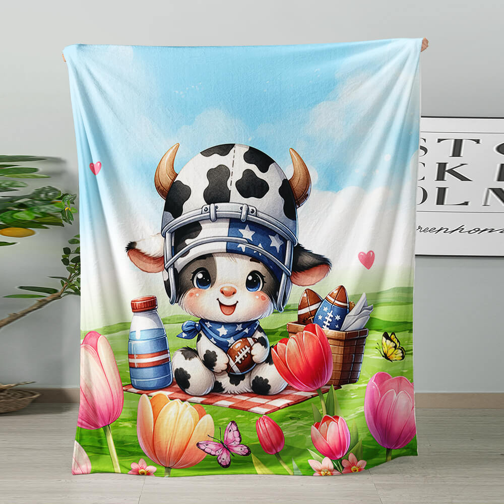 Cow character kids flannel throw blanket