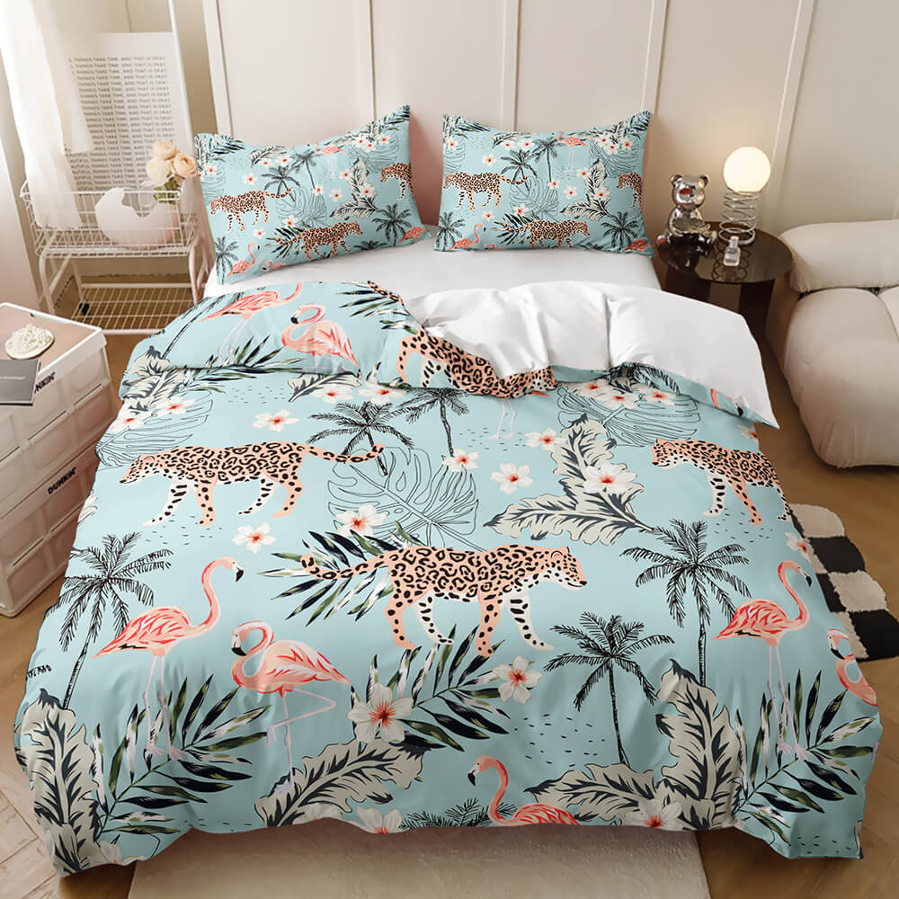 A bed dressed in a tropical print bedding set Woodland friends kids bedding set with animal illustrations
