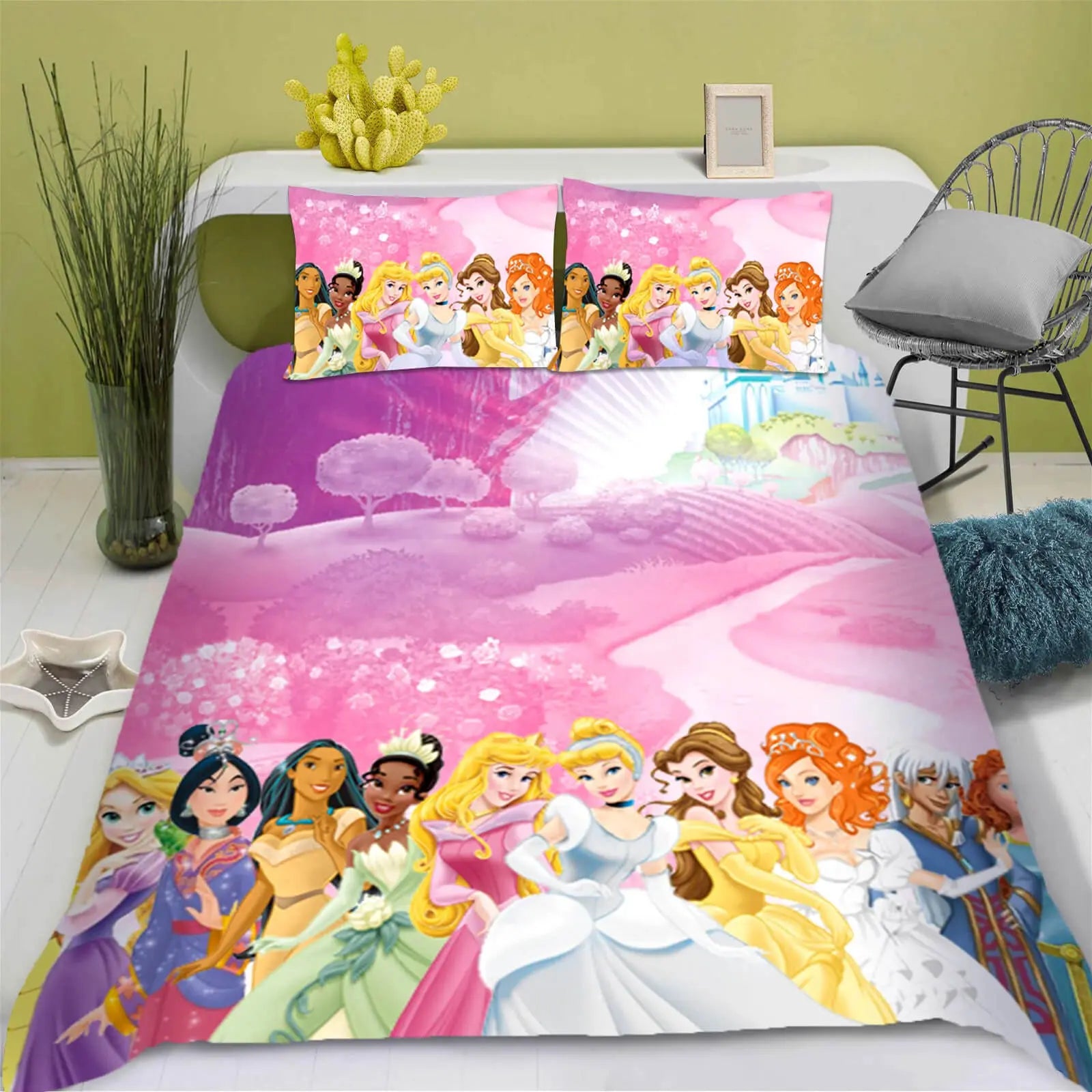 Cartoon Princesses Cinderella & Pocahontas Luxury Pink Duvet Cover