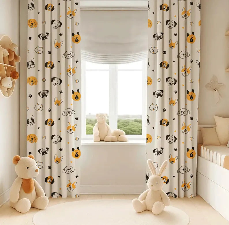 “Cartoon puppy curtains for boys and girls room, cute dog print drapes perfect for nursery and playroom decor.”