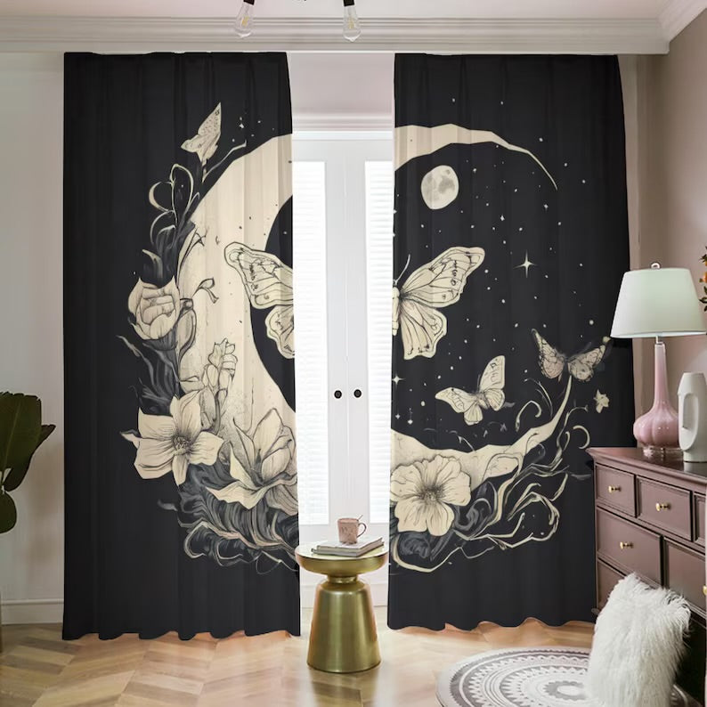 Celestial Constellation Curtains: Dark Academia Moon & Stars