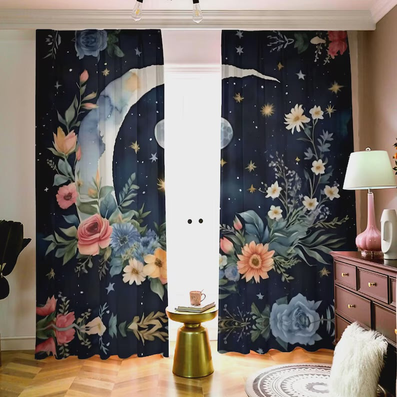 Celestial Sun and Moon Curtains: Boho Galaxy Window Drapes