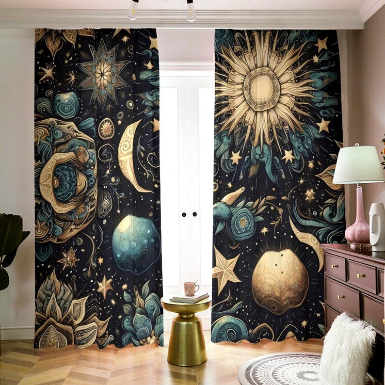 Celestial Sun and Moon Curtains: Boho Galaxy Window Drapes for bedroom