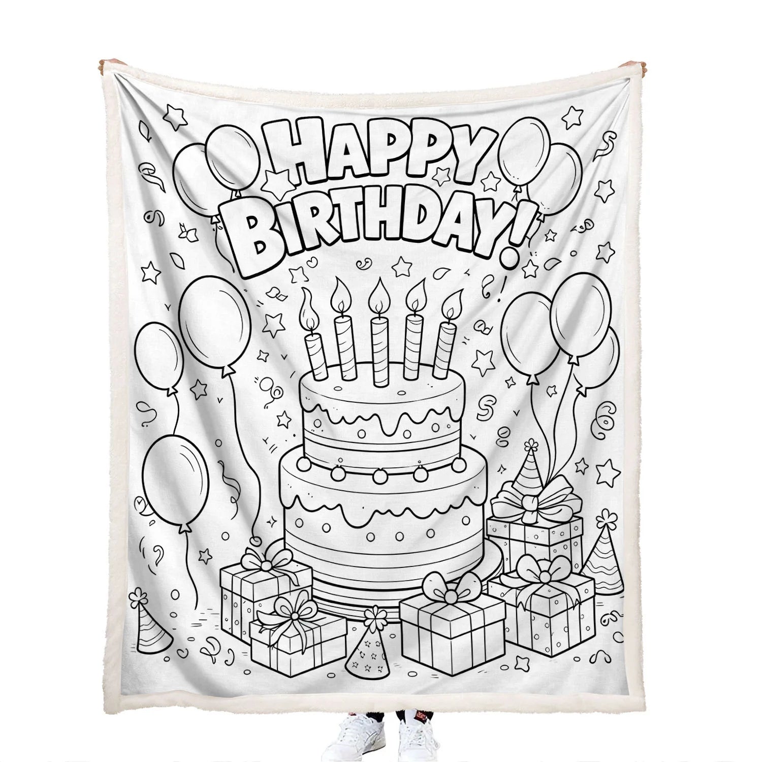 coloring Happy Birthday cake blanket with fabric markers for kids